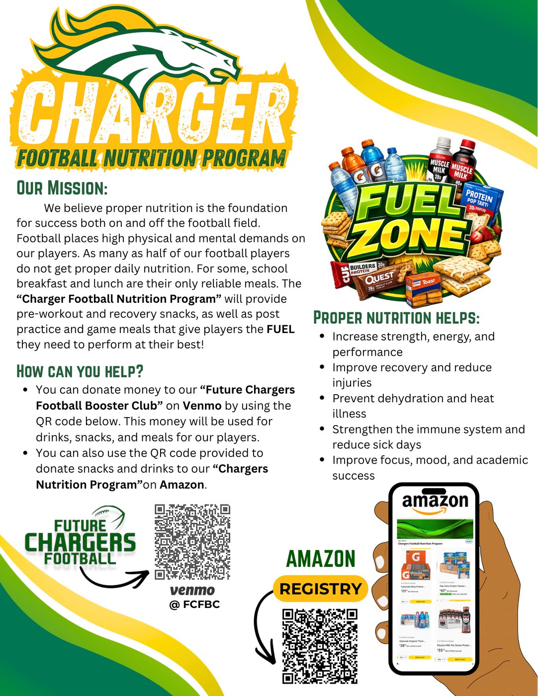 Charger Football Nutrition Program flyer with Venmo and Amazon registry QR codes
